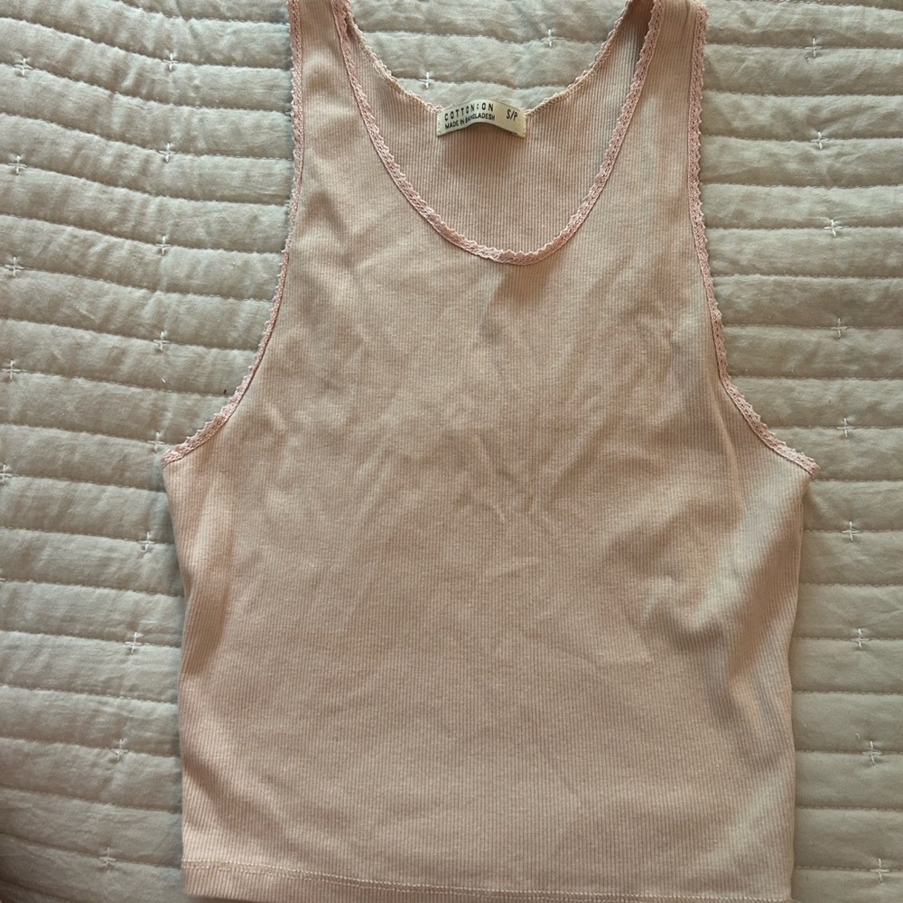 Cotton On Blush Ribbed Tank with Lace Trim